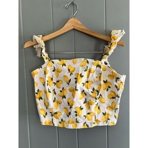 Lemon Print Crop Top Corset Knotted Strap Zip‎ Back Cute Lemons XS-S Cottagecore
